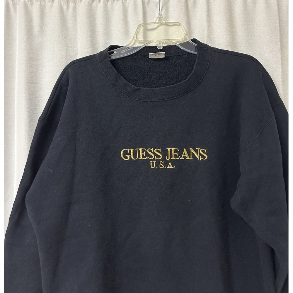 VINTAGE Guess Jeans USA Crew Neck Sweatshirt Black One Size Embroidered Logo - Picture 2 of 5